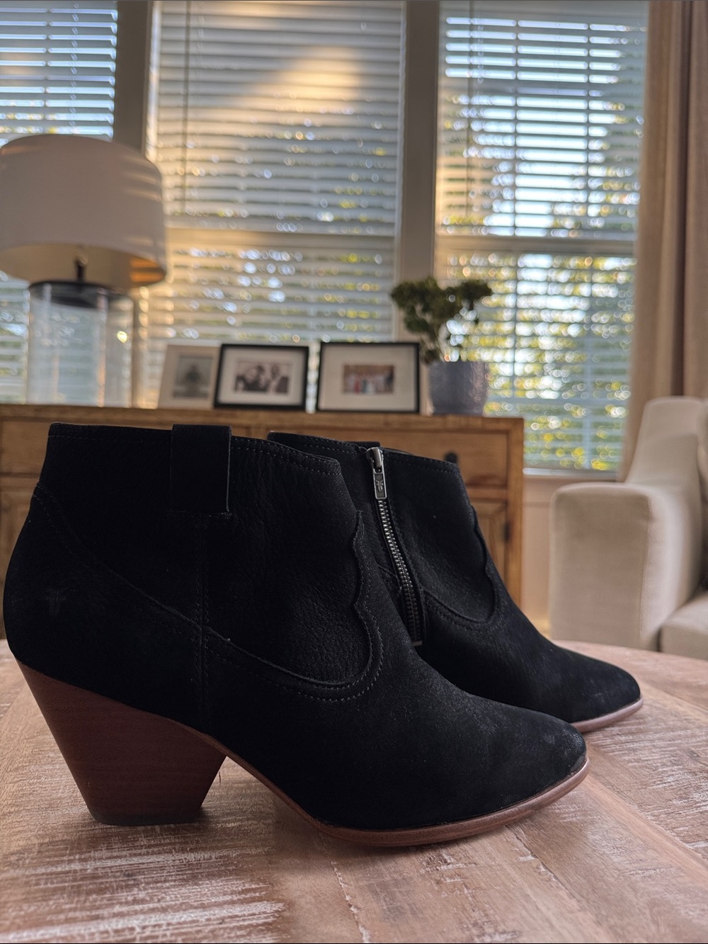 FRYE Reina Leather Black Suede Ankle Booties with Stacked Heel 10